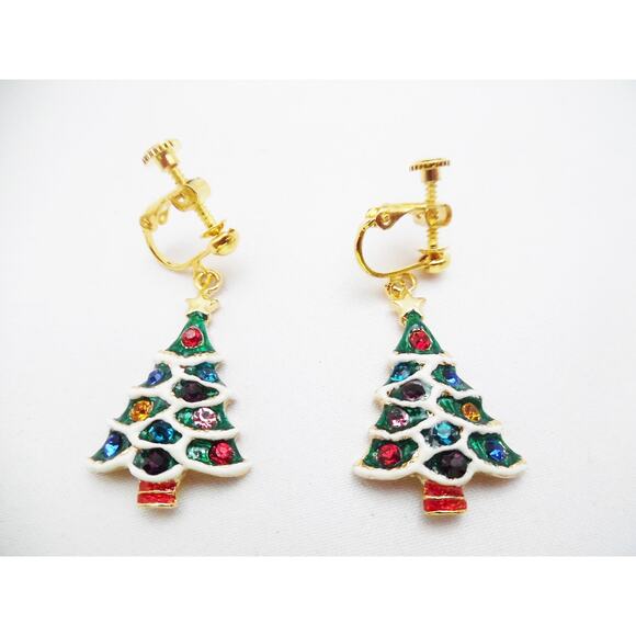 Clip on 1 3/4" gold, green and white Christmas Tree with multi colored stones - Picture 2 of 3